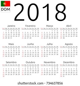 Simple annual 2018 year wall calendar. Portuguese language. Week starts on Sunday, Brazil. Sunday highlighted. No holidays highlighted. EPS 8 vector illustration, no transparency, no gradients