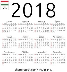 Simple annual 2018 year wall calendar. Hungarian language. Week starts on Sunday. Sunday highlighted. No holidays highlighted. EPS 8 vector illustration, no transparency, no gradients