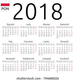 Simple annual 2018 year wall calendar. Polish language. Week starts on Monday. Highlighted Saturday and Sunday, no holidays. EPS 8 vector illustration, no transparency, no gradients