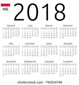 Simple annual 2018 year wall calendar. Polish language. Week starts on Sunday. Highlighted Sunday, no holidays. EPS 8 vector illustration, no transparency, no gradients