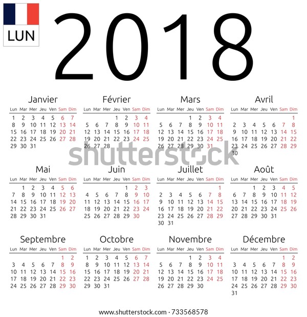 18年の年間簡単な壁カレンダー フランス語週は月曜日に始まります 土曜と日曜が強調された 祝祭日は強調表示されません Eps 8のベクターイラスト 透明 グラデーションなし のベクター画像素材 ロイヤリティフリー
