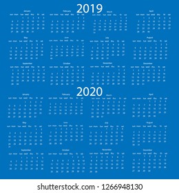 	
Simple annual 2019 - 2020 year wall calendar. English language. Week starts on Monday. Sunday highlighted. No holidays highlighted. vector illustration, no transparency, no gradients
