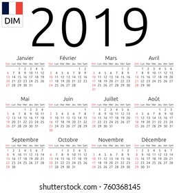 Simple annual 2019 year wall calendar. French language. Week starts on Sunday, Canada. Sunday highlighted. No holidays highlighted. EPS 8 vector illustration, no transparency, no gradients