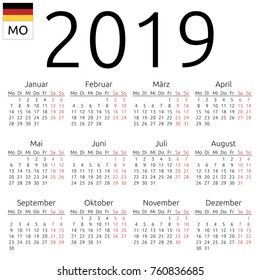 Simple annual 2019 year wall calendar. German language. Week starts on Monday. Saturday and Sunday highlighted. No holidays highlighted. EPS 8 vector illustration, no transparency, no gradients