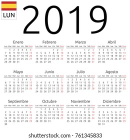 Simple annual 2019 year wall calendar. Spanish language. Week starts on Monday. Sunday highlighted. No holidays highlighted. EPS 8 vector illustration, no transparency, no gradients