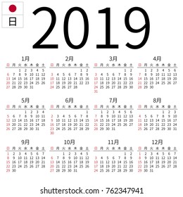 Simple annual 2019 year wall calendar. Japanese language. Week starts on Sunday. Highlighted Sunday, no holidays. EPS 8 vector illustration, no transparency, no gradients