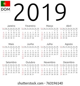 Sencillo calendario anual de paredes de 2019. Portugués. La semana empieza el domingo, Brasil. El domingo resaltó. No se han resaltado días festivos. Ilustración vectorial EPS 8, sin transparencia, sin degradados