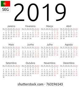Simple annual 2019 year wall calendar. Portuguese language. Week starts on Monday. Saturday and Sunday highlighted. No holidays highlighted. EPS 8 vector illustration, no transparency, no gradients