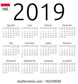 Simple annual 2019 year wall calendar. Polish language. Week starts on Sunday. Highlighted Sunday, no holidays. EPS 8 vector illustration, no transparency, no gradients