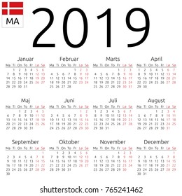 Simple annual 2019 year wall calendar. Danish language. Week starts on Monday. Saturday and Sunday highlighted. No holidays highlighted. EPS 8 vector illustration, no transparency, no gradients