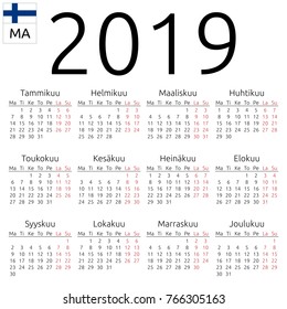 Simple annual 2019 year wall calendar. Finnish language. Week starts on Monday. Highlighted Saturday and Sunday, no holidays. EPS 8 vector illustration, no transparency, no gradients