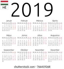 Simple annual 2019 year wall calendar. Hungarian language. Week starts on Monday. Saturday and Sunday highlighted. No holidays highlighted. EPS 8 vector illustration, no transparency, no gradients