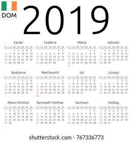 Simple annual 2019 year wall calendar. Irish language. Week starts on Sunday. Highlighted Sunday, no holidays. EPS 8 vector illustration, no transparency, no gradients