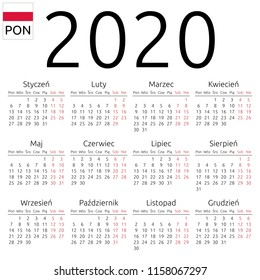 Simple annual 2020 year wall calendar. Polish language. Week starts on Monday. Highlighted Saturday and Sunday, no holidays. EPS 8 vector illustration, no transparency, no gradients