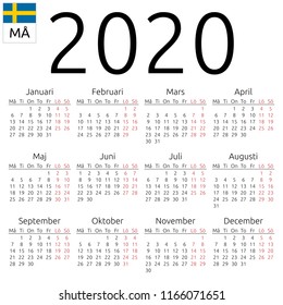 Simple annual 2020 year wall calendar. Swedish language. Week starts on Monday. Highlighted Saturday and Sunday, no holidays. EPS 8 vector illustration, no transparency, no gradients