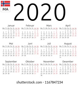 Simple annual 2020 year wall calendar. Norwegian language. Week starts on Monday. Highlighted Saturday and Sunday, no holidays. EPS 8 vector illustration, no transparency, no gradients