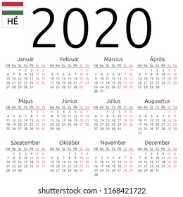 Simple annual 2020 year wall calendar. Hungarian language. Week starts on Monday. Saturday and Sunday highlighted. No holidays highlighted. EPS 8 vector illustration, no transparency, no gradients