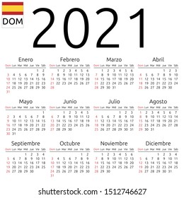 Simple annual 2021 year wall calendar. Spanish language. Week starts on Sunday. Sunday highlighted. No holidays highlighted. EPS 8 vector illustration, no transparency, no gradients