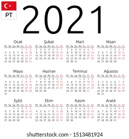 Simple annual 2021 year wall calendar. Turkish language. Week starts on Monday. Saturday and Sunday highlighted. No holidays highlighted. EPS 8 vector illustration, no transparency, no gradients