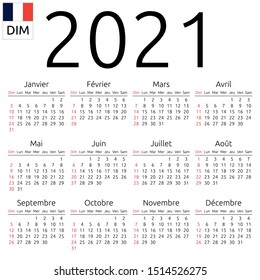 Simple annual 2021 year wall calendar. French language. Week starts on Sunday, Canada. Sunday highlighted. No holidays highlighted. EPS 8 vector illustration, no transparency, no gradients