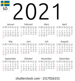 Simple annual 2021 year wall calendar. Swedish language. Week starts on Sunday. Highlighted Sunday, no holidays. EPS 8 vector illustration, no transparency, no gradients