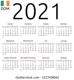 Simple annual 2021 year wall calendar. Irish language. Week starts on Sunday. Highlighted Sunday, no holidays. EPS 8 vector illustration, no transparency, no gradients