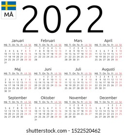 Simple annual 2022 year wall calendar. Swedish language. Week starts on Monday. Highlighted Saturday and Sunday, no holidays. EPS 8 vector illustration, no transparency, no gradients