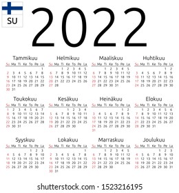 Simple annual 2022 year wall calendar. Finnish language. Week starts on Sunday. Highlighted Sunday, no holidays. EPS 8 vector illustration, no transparency, no gradients