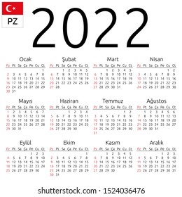 Simple annual 2022 year wall calendar. Turkish language. Week starts on Sunday. Sunday highlighted. No holidays highlighted. EPS 8 vector illustration, no transparency, no gradients