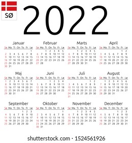 Simple annual 2022 year wall calendar. Danish language. Week starts on Sunday. Sunday highlighted. No holidays highlighted. EPS 8 vector illustration, no transparency, no gradients