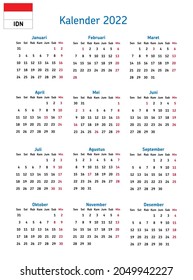 Simple annual 2022 year wall calendar. Indonesian language. Week starts on Monday. Sunday highlighted. With indonesia holidays highlighted. EPS 10 vector illustration, no transparency, no gradients