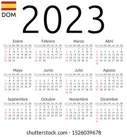 Simple annual 2023 year wall calendar. Spanish language. Week starts on Sunday. Sunday highlighted. No holidays highlighted. EPS 8 vector illustration, no transparency, no gradients