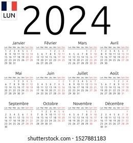 Simple annual 2024 year wall calendar. French language. Week starts on Monday. Saturday and Sunday highlighted. No holidays highlighted. EPS 8 vector illustration, no transparency, no gradients
