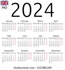 Simple annual 2024 year wall calendar. English language. Week starts on Monday. Sunday highlighted. No holidays highlighted. EPS 8 vector illustration, no transparency, no gradients