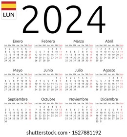 Simple annual 2024 year wall calendar. Spanish language. Week starts on Monday. Sunday highlighted. No holidays highlighted. EPS 8 vector illustration, no transparency, no gradients