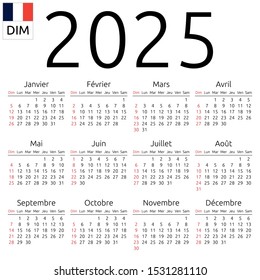 Simple annual 2025 year wall calendar. French language. Week starts on Sunday, Canada. Sunday highlighted. No holidays highlighted. EPS 8 vector illustration, no transparency, no gradients