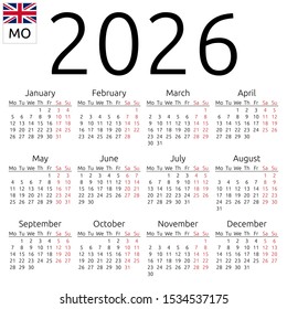 Simple annual 2026 year wall calendar. English language. Week starts on Monday. Sunday highlighted. No holidays highlighted. EPS 8 vector illustration, no transparency, no gradients