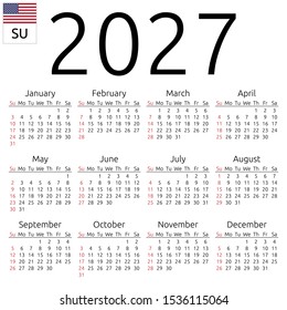 Simple annual 2027 year wall calendar. English language. Week starts on Sunday. Sunday highlighted. No holidays highlighted. EPS 8 vector illustration, no transparency, no gradients
