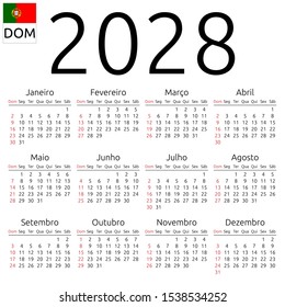 Simple annual 2028 year wall calendar. Portuguese language. Week starts on Sunday, Brazil. Sunday highlighted. No holidays highlighted. EPS 8 vector illustration, no transparency, no gradients
