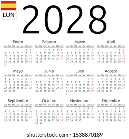 Simple annual 2028 year wall calendar. Spanish language. Week starts on Monday. Sunday highlighted. No holidays highlighted. EPS 8 vector illustration, no transparency, no gradients