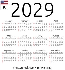 Simple annual 2029 year wall calendar. English language. Week starts on Sunday. Sunday highlighted. No holidays highlighted. EPS 8 vector illustration, no transparency, no gradients