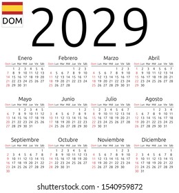 Simple annual 2029 year wall calendar. Spanish language. Week starts on Sunday. Sunday highlighted. No holidays highlighted. EPS 8 vector illustration, no transparency, no gradients