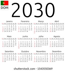 Simple annual 2030 year wall calendar. Portuguese language. Week starts on Sunday, Brazil. Sunday highlighted. No holidays highlighted. EPS 8 vector illustration, no transparency, no gradients