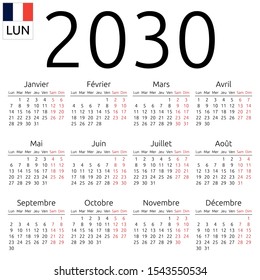 Simple annual 2030 year wall calendar. French language. Week starts on Monday. Saturday and Sunday highlighted. No holidays highlighted. EPS 8 vector illustration, no transparency, no gradients