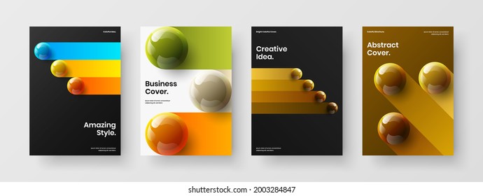Simple annual report A4 design vector concept set. Clean realistic spheres postcard template bundle.