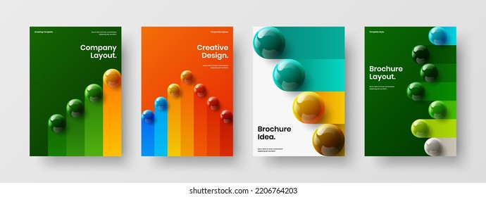 Informe anual simple de la colección de diseño de vectores de diseño A4. Composición de la plantilla de la cubierta del catálogo de bolas 3D Vivid.