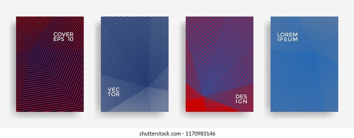 Simple annual report design vector collection. Halftone stripes texture cover page layout templates set. Report covers geometric design, business booklet pages corporate backgrounds.