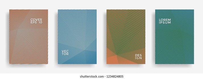 Simple annual report design vector collection. Halftone stripes edged texture cover page layout templates set. Report covers geometric design, business booklet pages corporate templates.