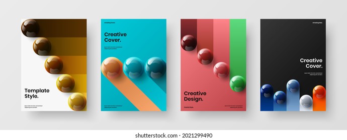 Simple annual report vector design template composition. Trendy realistic spheres company brochure concept set.