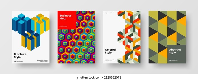 Simple annual report vector design illustration collection. Original mosaic shapes brochure layout bundle.